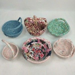 Lot Of 6 Vintage Handmade Fabric Rope Baskets Quilt Remnant Patterns‎ BOJO